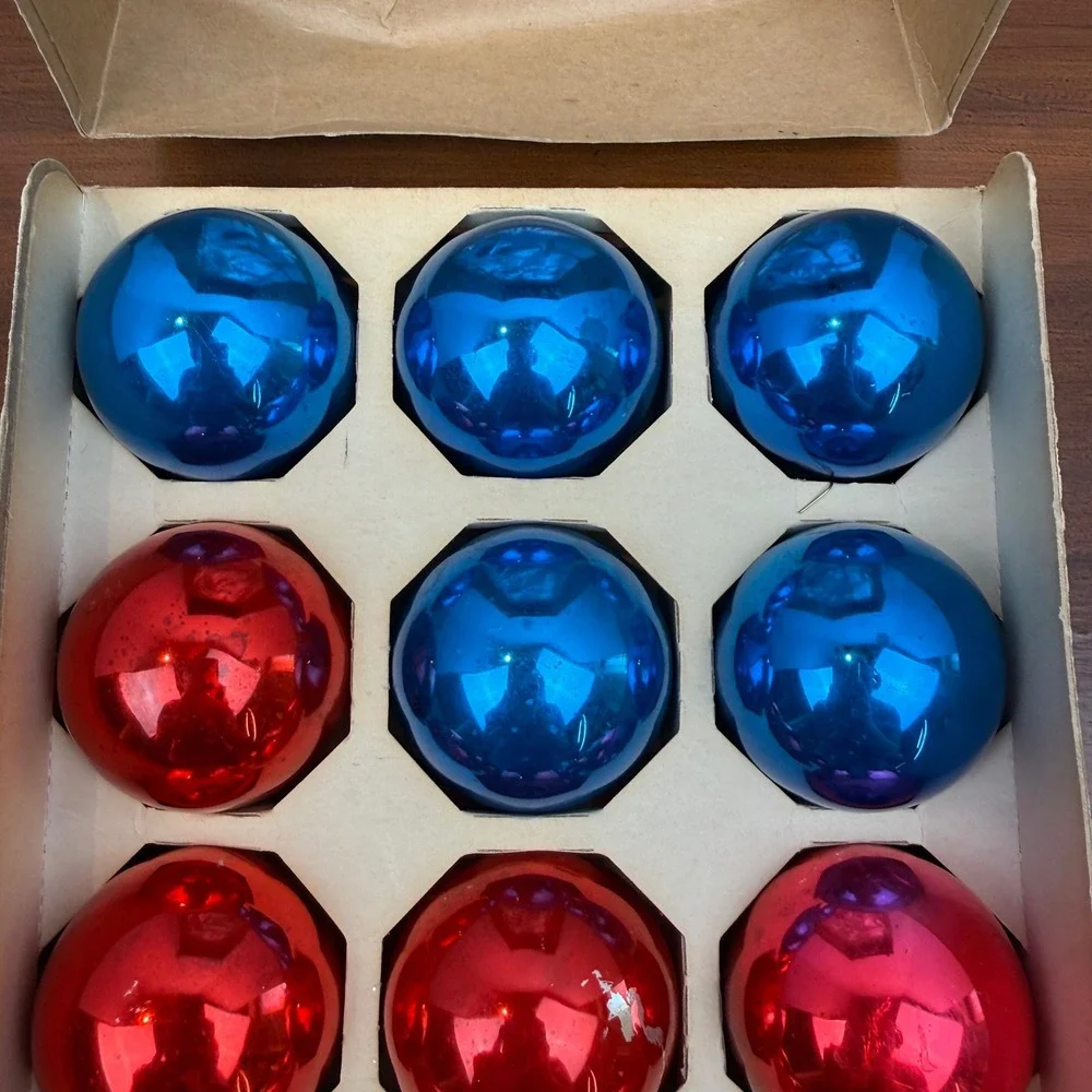 Vintage Holly Glass Christmas Ornaments Red Blue Set of 24 2.25